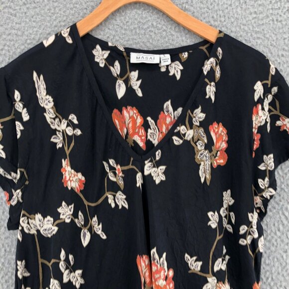Masai Top Womens Large Black Floral Cap Sleeves V Neck Pullover Relaxed Blouse - Picture 2 of 9
